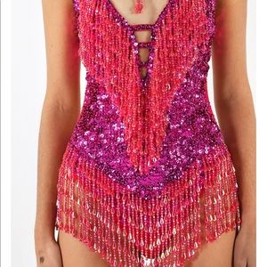 Pink Sequin Fringe V-Neck Women's Top